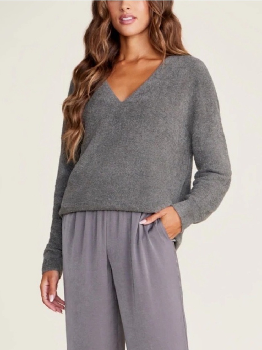 Barefoot Dreams CozyChic Lite V-Neck Pullover Sweater Carbon Gray, Sz XS